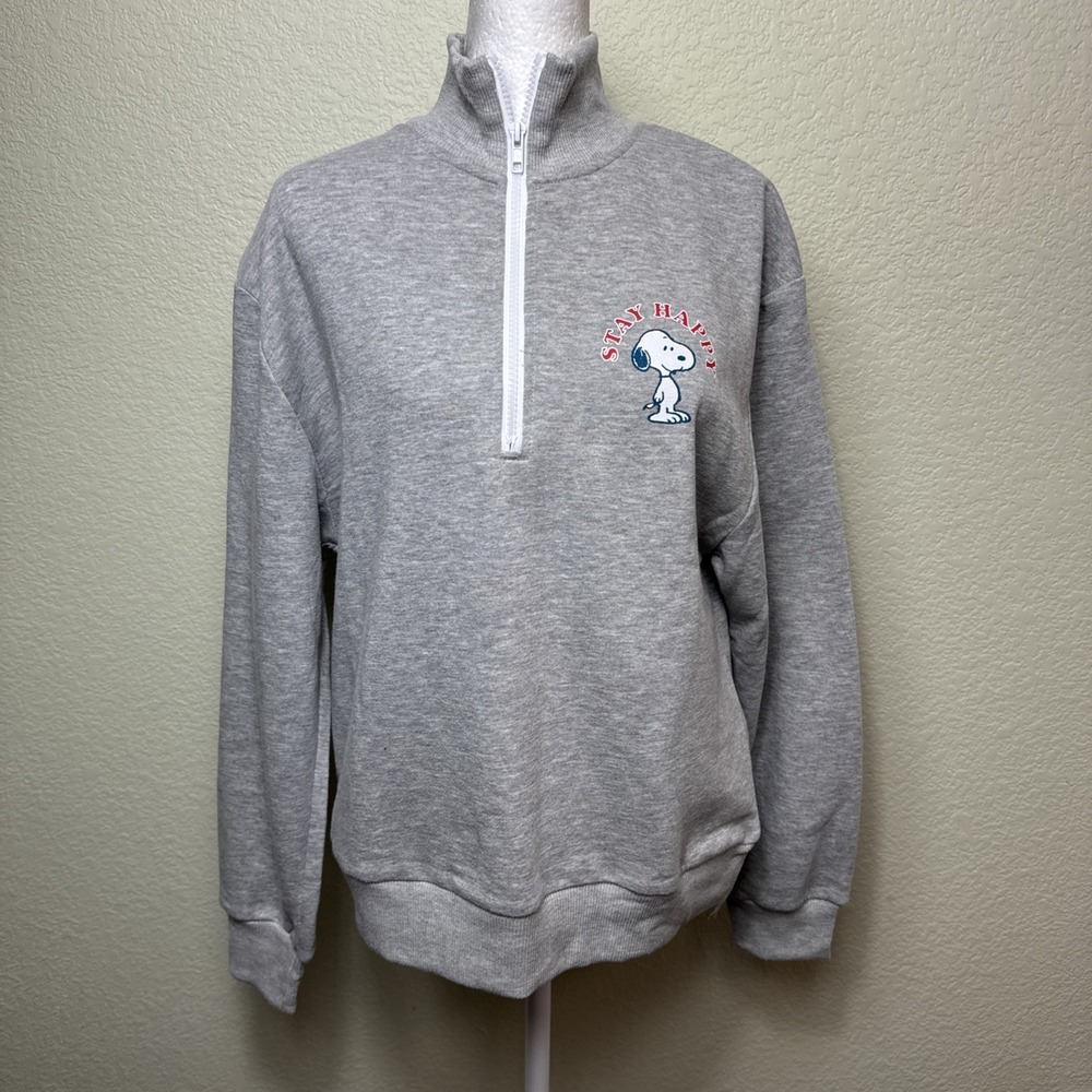 Peanuts Snoopy Stay Happy Grey Quarter Zip Sweatshirt Pullover‎ Medium